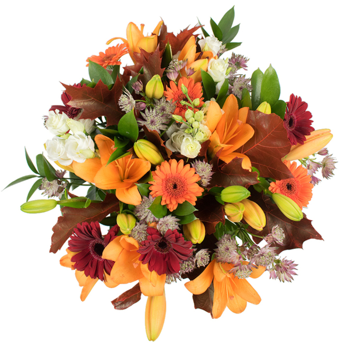 A richly textured autumn bouquet, photographed from above on a white backdrop so every tone reads with clarity-several fully opened orange Asiatic lilies form the focal points, their trumpet-shaped petals glossy and wide, while tightly furled buds in green and soft amber nod to imminent blooms. Bright orange Gerbera daisies lend a playful, sunny punctuation, set alongside deep burgundy gerberas whose velvety petals provide dramatic depth. Soft ivory lisianthus deliver gentle contrast with ruffled, layered petals that create pockets of light within the composition, and sprays of purple-grey Astrantia introduce filigree-like texture that keeps the eye moving across the arrangement. Large, lobed leaves in warm reddish-brown-reminiscent of oak or fallen maple-are artfully arranged to echo the season, their sculptural shapes amplifying the autumnal story, while fresh green foliage and delicate stems weave cohesion and lift. The bouquet is tightly gathered and appears very fresh, a lush, rounded composition that conveys harvest abundance and quiet celebration. Photographed in bright, natural-feeling light, colours read true and edges are crisp, giving the piece a garden-picked immediacy. As a local florist, Flowers Ruislip often places similar designs in homes around Ruislip Manor and near Ruislip High Street for Thanksgiving centrepieces, anniversary gifts, or seasonal decorating-an arrangement that smells faintly of late-summer earth and soft petals, and that brings the warm palette of the neighbourhood's parks indoors.